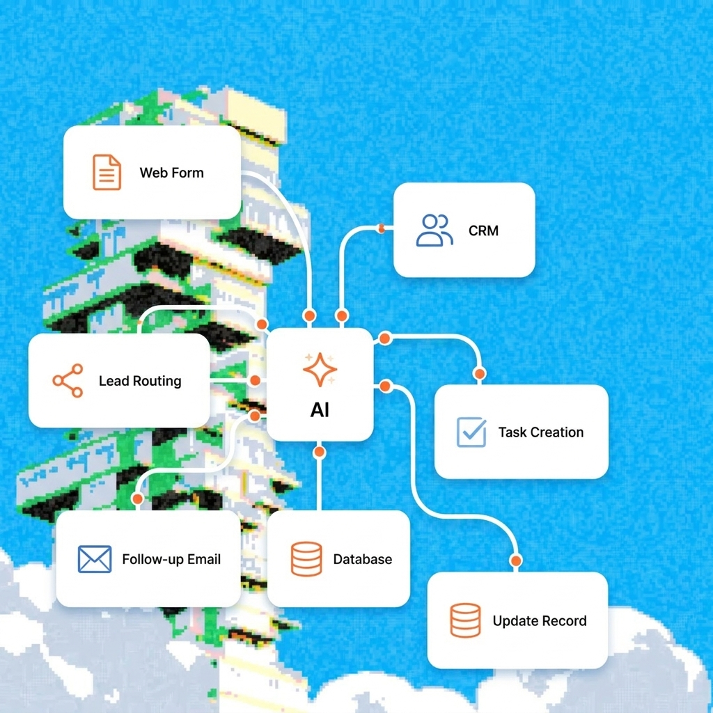 AI automation map connecting web forms, CRM, lead routing, task creation, database updates, follow-up email, and analytics